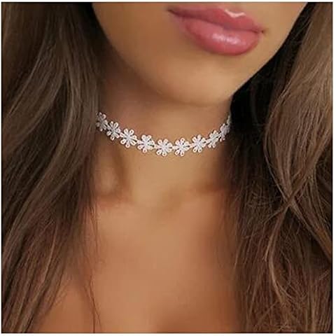 Yheakne Boho Flower Lace Choker Necklace White Lace Tattoo Choker Necklace Daisy Flower Collarbone Necklace Retro 90s Choker Necklace Chain Jewelry for Women (White) Cover