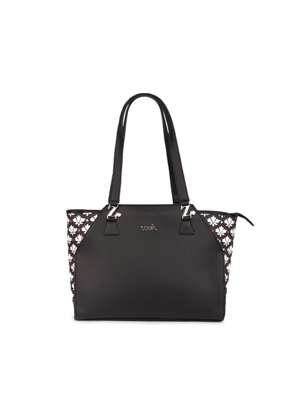 Image of ZOUK Printed Jute Handcrafted Vegan Leather Black Women's Check-point Friendly Classic Business Bag
