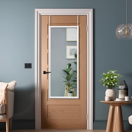 NeuType 44" x 18" Door Mirror Full Length Mirror Over The Door Mirror Wall Mount Hanging Mirror with 2 Metal Hangers for Wall Bedroom Bathroom Living Room Decor White