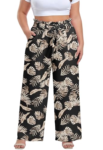 Image of OLRIK Women's Plus Size Pants Adjustable High Waisted Wide Leg Palazzo Pants Casual Trousers with Pockets Spring Clothes