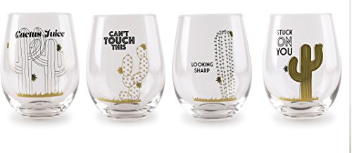 Circleware, Set of 4 Drinking Glassware for Water, Juice, Beer, Liquor, Kitchen & Home Decor Bar Dining Beverage Gifts, 4-18.9oz, Cactus Stemless Wine Glasses