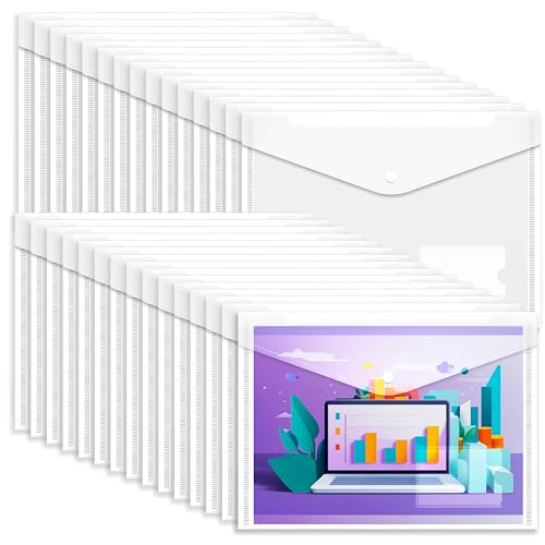 GoodtoU Clear Plastic Wallets A4-30 Pack Plastic Folders Document Wallet Files Popper Wallets with Pocket
