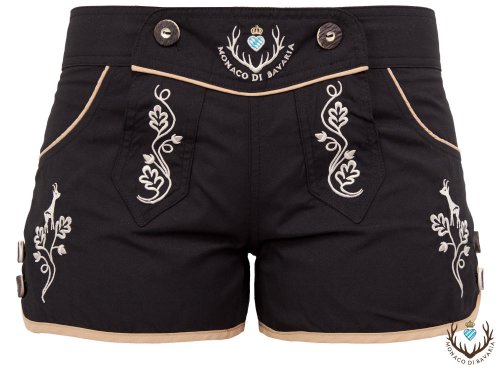 Preisvergleich Produktbild Monaco di Bavaria Damen Hotpants, Tracht, Lederbadehose, Freizeithose, Badelederhose (schwarz / Gold, XS)