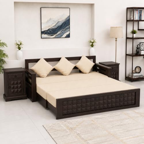 Image of SONA ART & CRAFTS Diamond Sheesham Wood Sofa Cum Bed with Bedside | 3 Seater with Storage and Side Pockets for Living Room Organizer Furniture Sofa Bed Home, Bedroom (Walnut Finish)
