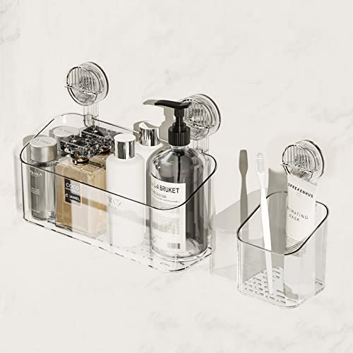 Deeif Shower Caddy Suction Cup Clear Bathroom Shower Organizer Strong Suction Shower Shelves Storage Basket For Bathroom Inside Shower (Clear Basket + Toothbrush Holder) #TOP3