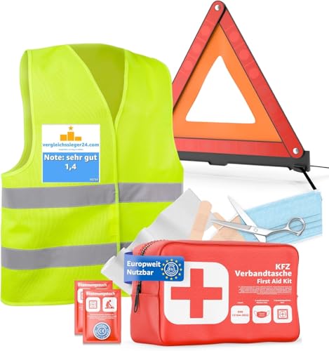 Preisvergleich Produktbild TK Gruppe Timo Klingler 3 in 1 - Auto Erste Hilfe Set 2026 - KFZ Verbandskasten Pkw & Warnweste & Warndreieck Set - Autozubehör & Pannenset & Unfall - Geprüft & Norm