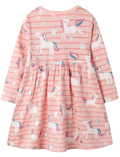 Image of Hongshilian Toddler Girls Longsleeve Dress Cotton Jersey Casual Dresses Cartoon Applique