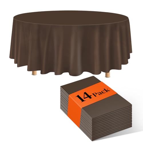 Image of Brown 14 Pack 84 Inch Plastic Round Tablecloths, Disposable Plastic Table Cover for Parties and Dinners