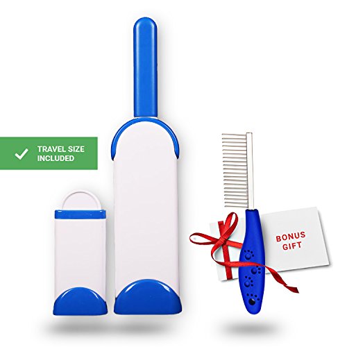 Lint Remover - Premium Pet Hair Remover Brush with Self Cleaning Base - Double Sided Dog Cat Fur Removal Tool for Furniture Couch Carpet Laundry with Travel Size + Comb