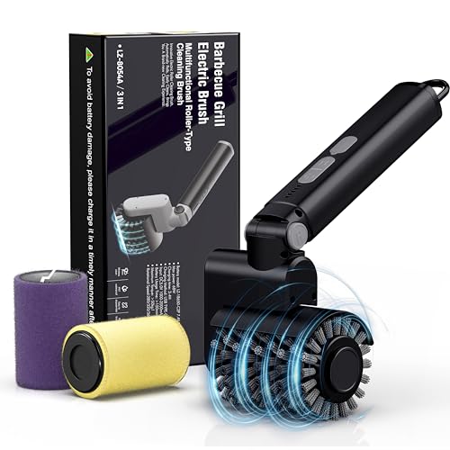 Aurviv Brosse de Gril Électrique Rechargeable sans Fil, Contrôle de Puissance 3 Vitesses pour Gril Extérieur/Barbecue, avec 2 Têtes de Brosse et Tampon de...