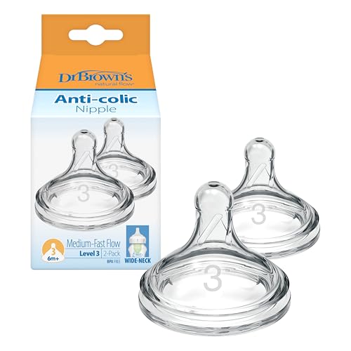 Image of Dr. Brown’s Natural Flow Level 3, Wide-Neck Baby Bottle Nipple, Medium-Fast Flow, 6m+. 100% Silicone, 2 Pack
