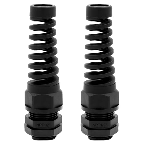 Strain Relief Cord Connector LISTENJIALE 2Pcs NPT 1/2 Waterproof Cable Gland Flex Spiral Strain Relief Adjustable 6-12mm Cable Connector Nylon Joint with Gaskets(Black)