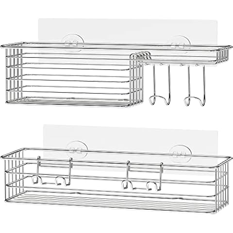 HEETA 2Pcs Set Multifunctional Shower Caddy Adhesive Shower Organiser with Soap Dish and 4 Hooks Ultimate Stainless Shower Shelf Compatible with Bathroom, kitchen or living rooms, No Drilling(Silver) Cover