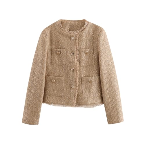 Amazon.com: Women Tweed Jacket Frayed Cropped Crew Neck Casual