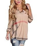 Akery Women's 3/4 Sleeve Casual Plaid Shirt Blouse Tops,Pink,Medium
