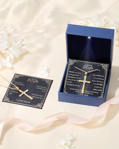 Gold Moissanite Cross Necklace for Women Wife in Light-Up Gift Box,Love Card - Women Anniversary Birthday Gifts Ideas for Wife Her Girlfriend, Christian Cross Chain Jewelry(18K Real Gold Filled) 6