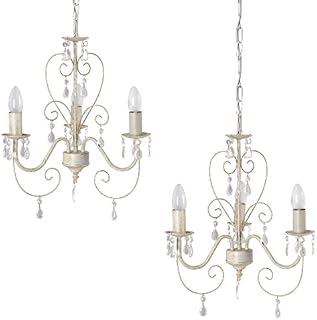 Pair of - Vintage French-Style Three-Way Chandelier Ceiling Lights in a Distressed White/Cream Finish