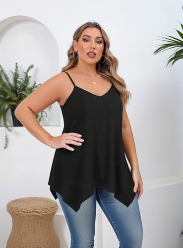 Miusey High Low Spaghetti Strap Shirt Womens V Neck Fowly Pleats Tunic Tops Handkerchief Hem Loose Fitting Soft Fashion Camisoles Tank Vest Black M — view 2