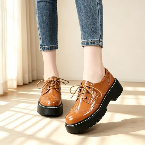 Image of Womens Oxford Shoes Black Leather Platform Oxford Shoes for Women Brogue