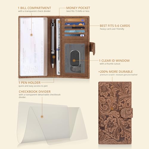 Oak Leathers Checkbook Cover Slim Minimalist For Men with RFID Blocking Credit Card Holder Wallet (Vintage Flower Cognac)