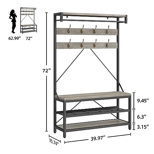 IDEALHOUSE Coat Rack Shoe Bench Industrial Hall Tree Storage Bench for Entryway Wood Look Accent Large Shoe Rack with Storage Shelf Hanging Bar, 8 Hooks Grey 39.9"x15.7"x72"
