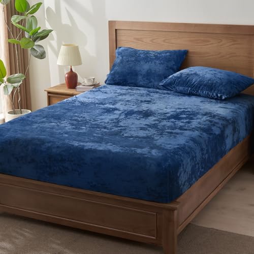 BEDELITE Velvet Fitted Sheet and Pillowcases Set, Luxury Soft Fuzzy Bottom Sheet with Reinforced Elastic Corner Straps, Deep Pocket up to 15 Inch, 1 Fitted Sheet and 2 Pillowcases (Queen, Navy Blue)
