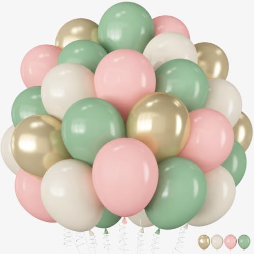 Image of Pink and Green Balloons, 12 Inch Sage Green and Light Pink Gold White Balloons for Easter Birthday Bridal Shower Baby in Bloom Baby Shower Decorations