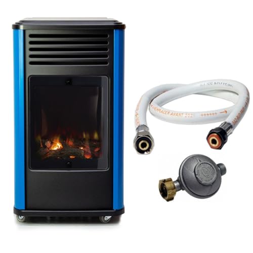 Sahara - Poêle à gaz 3,4KW Bleu et Noir Effet poêle à Bois Manhattan Chauffage d'appoint + Tuyau gaz + Détendeur Butane