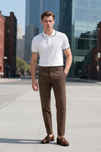 Image of Plaid&Plain Men's Slim Fit Dress Pants Stretch Khaki Pants Wrinkle Free