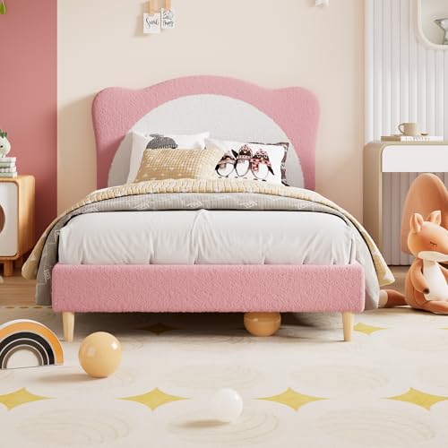 GarveeHome Full Size Bed Frame for Kids - Cute Velvet Princess Platform Bed with Upholstered Headboard for Girls/Boys, Solid Wood Slats Support, No Bo