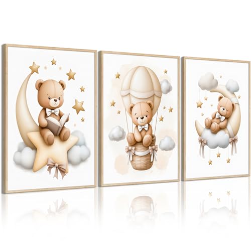 Teddy Bear Nursery Wall Art Decor Baby Boy Girl Room Pictures Bear Nursery Canvas Wall Art Decor Vintage Children's Room Posters Toddler Kids Neutral Artwork for Bedroom Playroom 16x24x3 Unframed