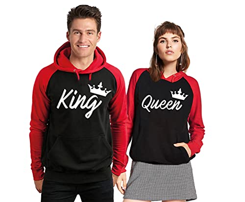 King and Queen Matching Couple Hoodies - Matching Couple Gifts - His and Hers Sweatshirts -BLACKRED-LARGE-QUEEN