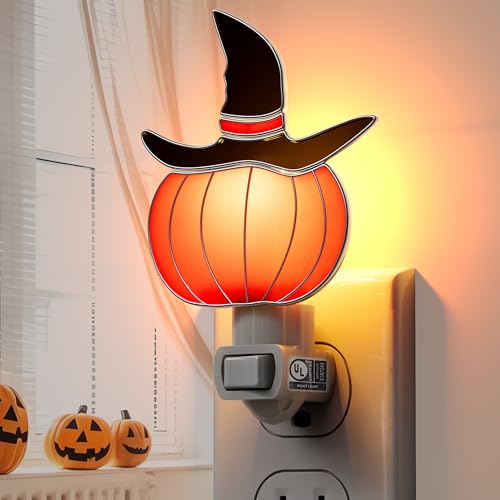Image of Stained Glass Night Lights Plug into Wall Halloween Witch Hat 1-Pack 7W Plug in Night Light Dusk to Dawn 3000K Warm White Nightlight Switch-On /Off for Adult Kids Room Bathroom Hallway Kitchen