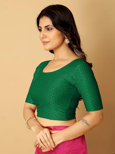 Image of Amazon Brand - Anarva Round Neck Dobby Cotton Lycra Stretchable Elbow Half Sleeve Readymade Saree Blouse for Women Stylish