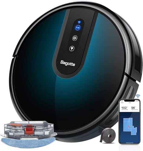 Bagotte Robot Vacuum Cleaner with Mop, 4-in-1 Robot Vacuum and Mop, Carpet Automatic Boost,Gyro Navigation,Virtual Boundary, WIFI/APP/Alexa for Pet Hair Hard Floor Carpet