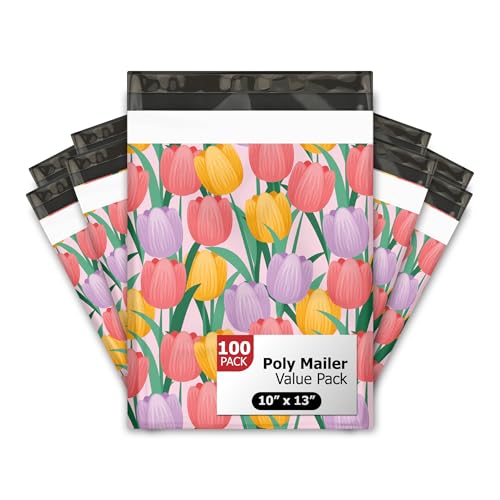 10x13 (100) Trendy Tulip Flowers Floral Summer Designer Poly Mailers Waterproof Self Sealing Tear Resistant Polymailers Shipping Envelopes Premium Printed Bags For Small Businesses