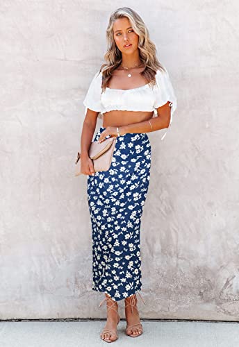 Image of HERBATOMIA Women's Floral Print Midi Skirt Casual High Elastic Waist Zipper Vintage Long Boho Skirts for Women