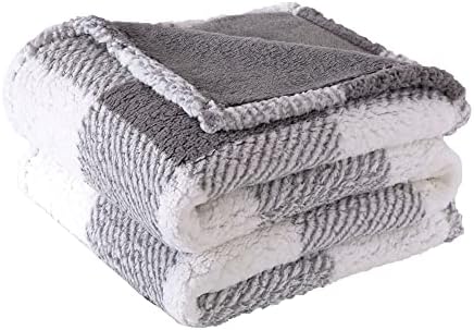 Panku Plaid Sherpa Throw Blanket with Solid Plush Reverse, Reversible Soft Fleece Blanket for Couch and Bed, Cozy and Warm Fuzzy Queen Size Blanket, Grey Plaid, 86x90 Inches