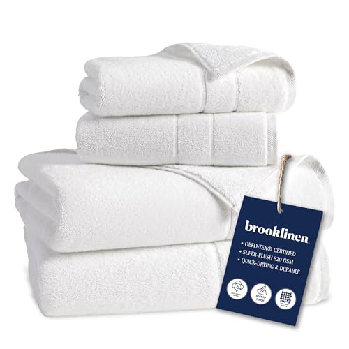 Brooklinen Super-Plush Turkish Cotton Bath Towel Set - 2 Bath Towels + 2 Hand Towels Cotton, 820 GSM, Highly Absorbent, Machine Washable, Perfect for Home & Bathroom (White)