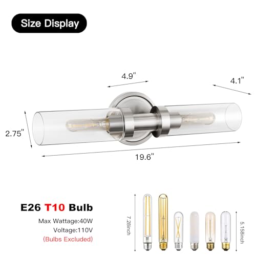 Image of Brushed Nickel Wall Sconces,2-Light Bathroom Vanity Light Fixture, Modern Bathroom Sconces Wall Lighting Clear Glass Shade, Horizontal and Vertical Wall Mount Lamp for Mirror Hallway Kitchen