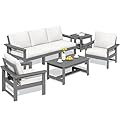 SERWALL HDPE Patio Furniture Set, 7-Piece Outdoor Sectional Sofa Set, All Weather Outdoor Couch Set for Deck, Lawn, Grey Frame with Khaki Cushion
