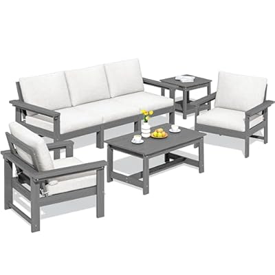SERWALL HDPE Patio Furniture Set, 7-Piece Outdoor Sectional Sofa Set, All Weather Outdoor Couch Set for Deck, Lawn, Grey Frame with Khaki Cushion
