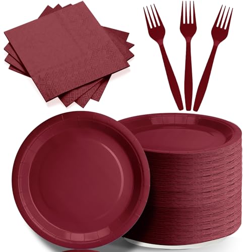 CENLBJ Burgndy Paper Plates and Napkins Include 7inch Paper Dessert Plates Napkins Plastic Forks Disposable Party Supplies for Birthday Wedding Party Family Picnic for 50 Guests
