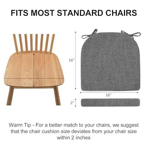 Image of Wellsin Chair Cushions for Dining Chairs 4 Pack - Kitchen Chair Cushions with Ties and Non-Slip Backing - Dining Chair Pads 16 inchX16 inchX2 inch, Dark Gray