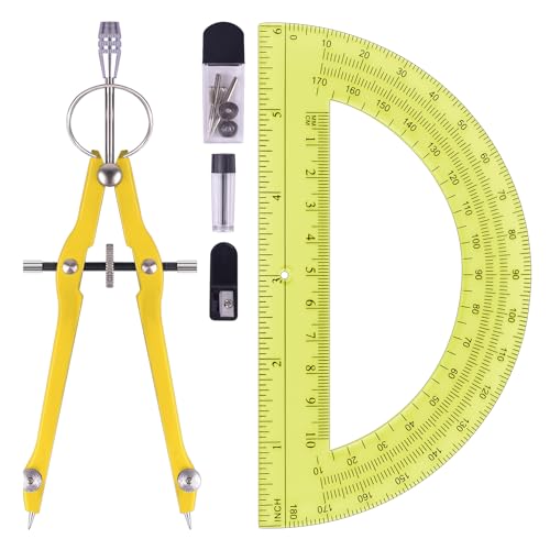 Unjoo Compass and Protractor Set, Professional Drawing Compass Tool, Metal Compass with Extra Refills, Compass for Geometry and 6 Inch Math Protractors 180 Degree (Yellow)