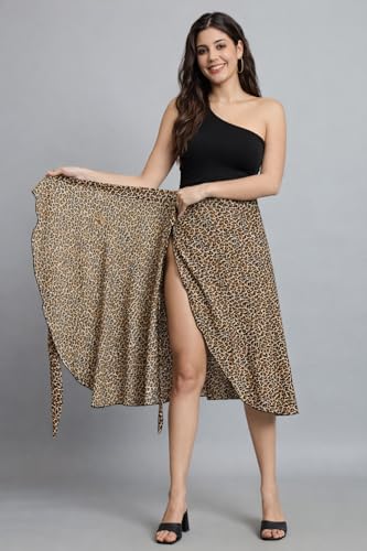 Image of Women's Floral & Animal Print Wrap Skirt - Midi Length A-Line Summer Skirt with Side Tie-Up, Tropical Cheetah Tiger Casual Beach Wear