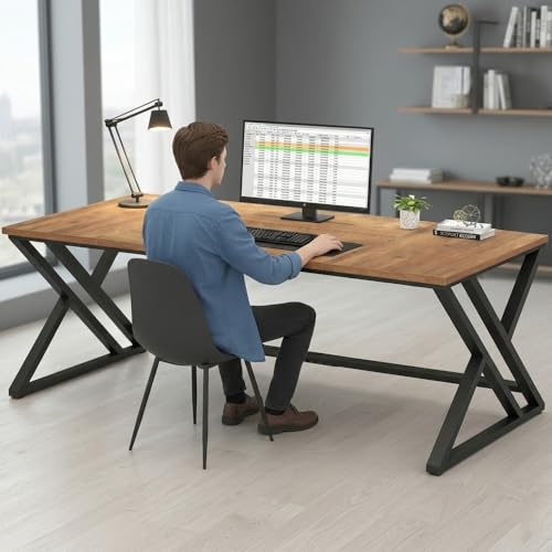 Image of Modern Industrial Computer Desk | Extra Long, Home Office Study Writing Table | Wooden Workstation with Metal Frame | Executive Gaming Desk | Walnut Cream | 160x80x75 cm