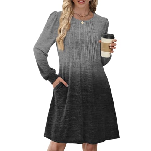 Kleider Langarm Damen, Vintage Karokleider Damen Herbst Empire-Taillen Rundhals Plissee-A-Linie mit Taschen Langarm Pulloverkleid In Kontrastfarbe...