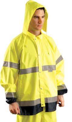 Occunomix 3X Hi-Viz Yellow And Navy Polyester With Pu Coating Rain Jacket With Sealed Seams, Front Zipper And Snap Closure, Zipper Detachable Hood, Two Outside Lower Pockets And 2" 3M Scotchlite Reflective Stripes #TOP28