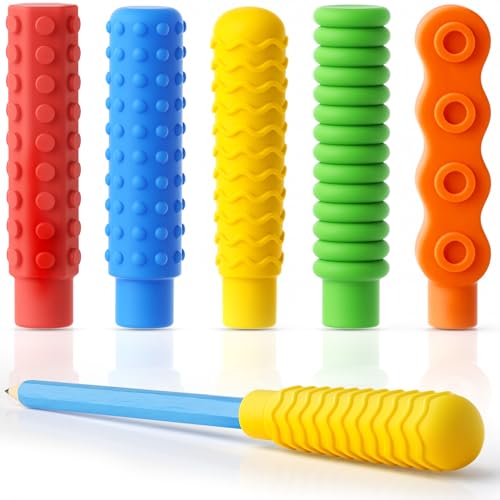 5-Pack Chewable Pencil Toppers for Sensory Kids Silicone Pencil Top Covers for Autism ADHD SPD or Special Oral Motor Needs Chewing Stim Tools Fidget Aid Focus for Student Boys and Girls